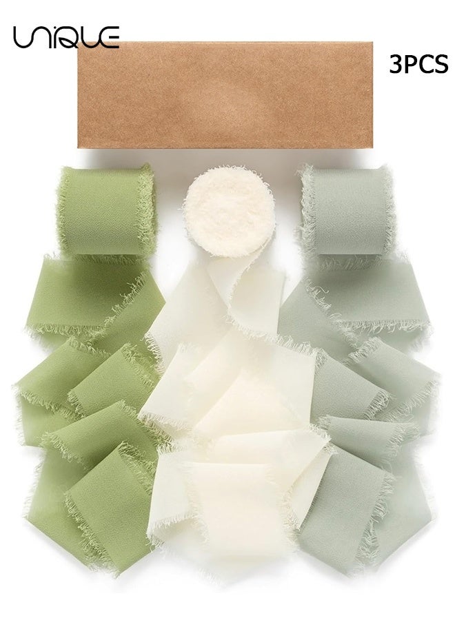 Unique Handmade Tassel Chiffon Ribbon - 3 Rolls of 4cm x 5m Sage Green Series Ribbon Set for Wedding Invitations/Bridal Bouquets/Gift Wrapping/DIY Crafts - Image 1