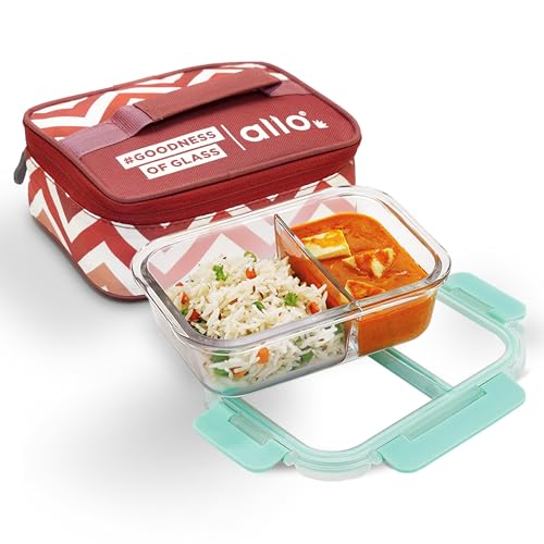 Allo FoodSafe Compartment Glass Lunch Box with Break Free Detachable Lock, 450°C Oven & Microwave Safe, Borosilicate Glass Container with Partition Divider, Office Tiffin with Red Chevron Bag, 580ml - Image 1