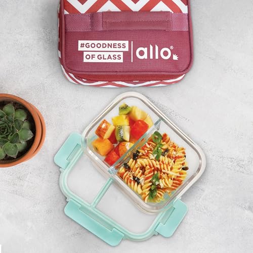 Allo FoodSafe Compartment Glass Lunch Box with Break Free Detachable Lock, 450°C Oven & Microwave Safe, Borosilicate Glass Container with Partition Divider, Office Tiffin with Red Chevron Bag, 580ml - Image 5