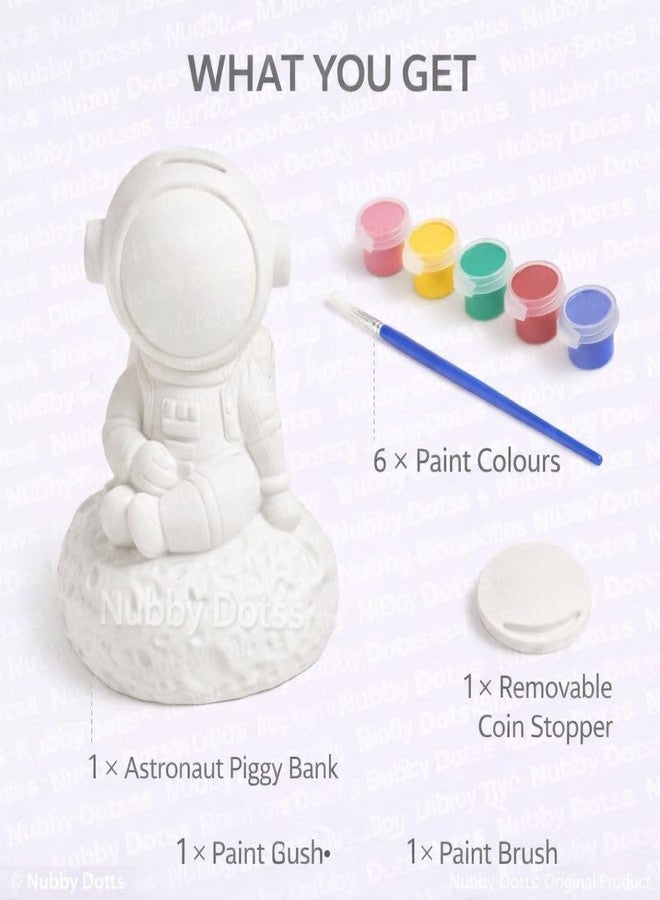 Nubby Dotss Money/Piggy Bank with Paint Set, White Money Box, DIY Craft Kit, Includes 8 Paint Colours and Brush, Space Theme (Blue Astronaut) - Image 5