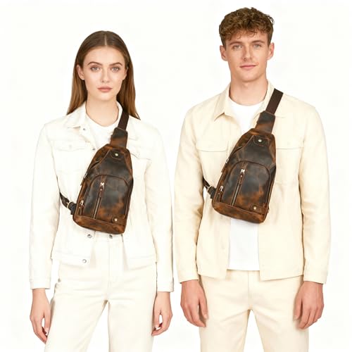 Handadsume Thick Crazy horse Leather Triangle Crossbody Sling Chest Bag Travel One Shoulder Bag Daypack For Men Male 3028 (8066 brown) - Image 2