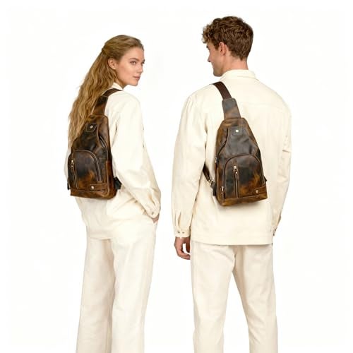 Handadsume Thick Crazy horse Leather Triangle Crossbody Sling Chest Bag Travel One Shoulder Bag Daypack For Men Male 3028 (8066 brown) - Image 3