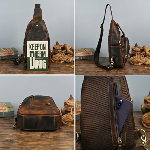 Handadsume Thick Crazy horse Leather Triangle Crossbody Sling Chest Bag Travel One Shoulder Bag Daypack For Men Male 3028 (8066 brown) - Image 5