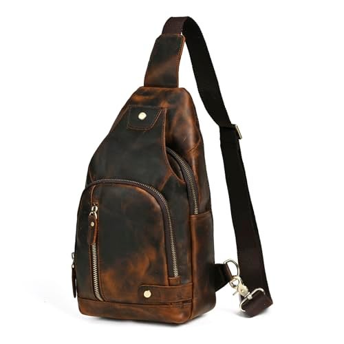 Handadsume Thick Crazy horse Leather Triangle Crossbody Sling Chest Bag Travel One Shoulder Bag Daypack For Men Male 3028 (8066 brown) - Image 1