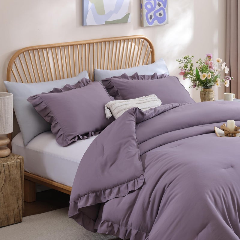 JANZAA Comforters Queen Size Grayish Purple Comforter Set Queen 3PCS(1 Ruffled Comforter Set and 2 Pillowcases) Shabby Chic Bedding Vintage Soft Fluffy Bed Set for All Season - Image 3