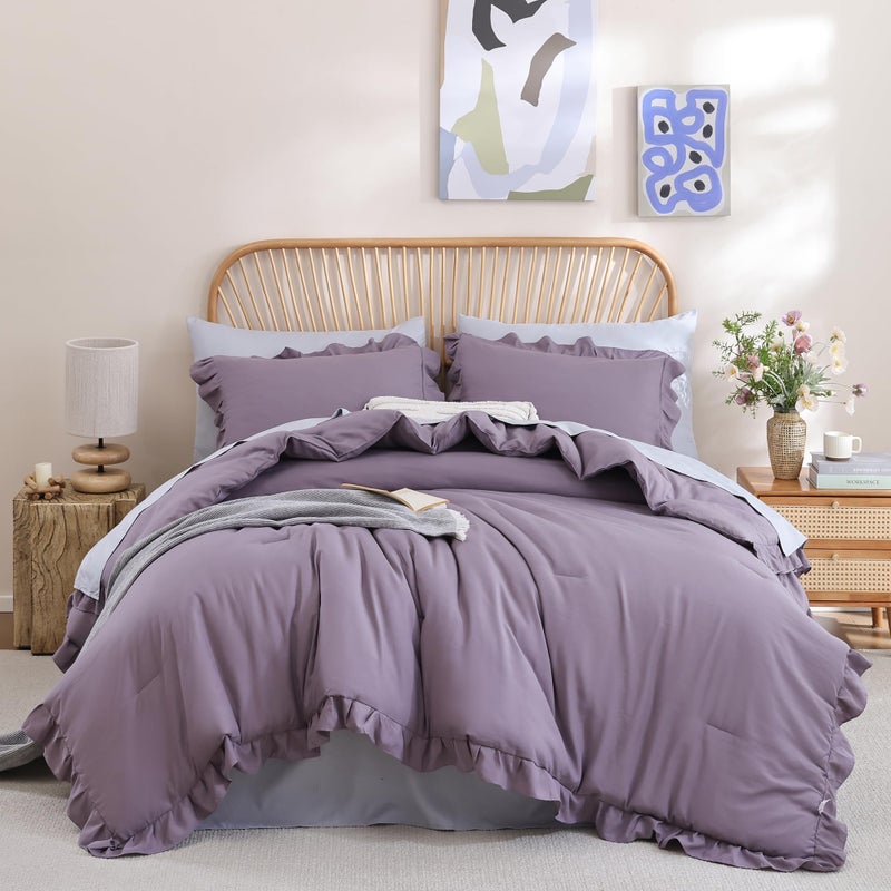 JANZAA Comforters Queen Size Grayish Purple Comforter Set Queen 3PCS(1 Ruffled Comforter Set and 2 Pillowcases) Shabby Chic Bedding Vintage Soft Fluffy Bed Set for All Season - Image 1