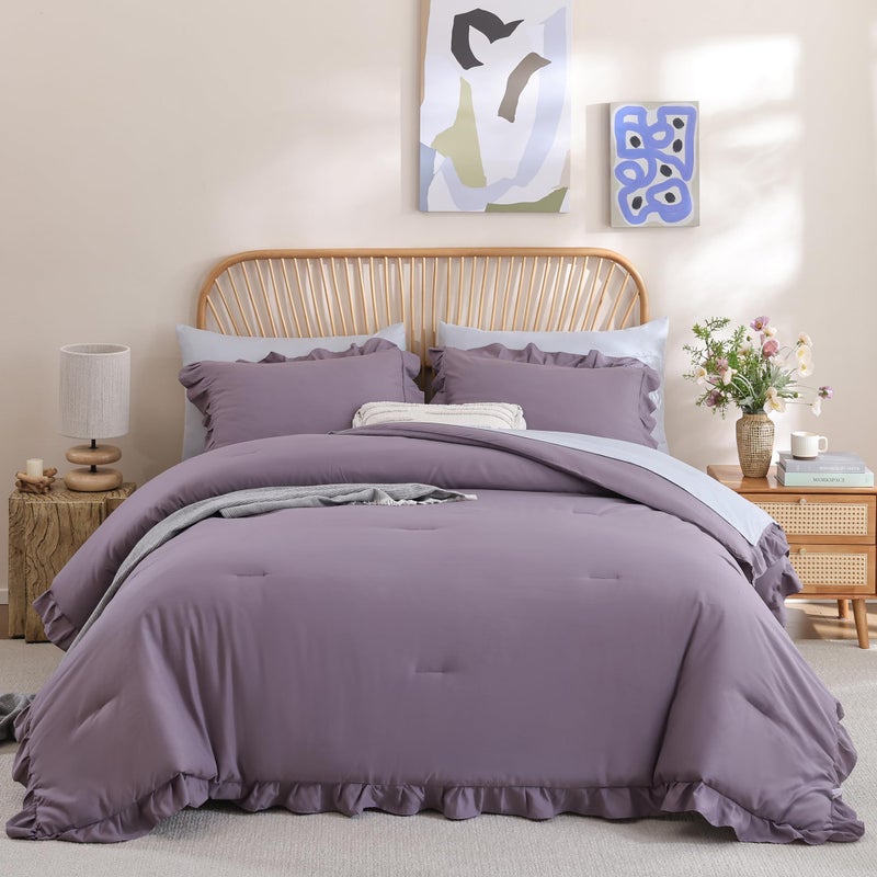 JANZAA Comforters Queen Size Grayish Purple Comforter Set Queen 3PCS(1 Ruffled Comforter Set and 2 Pillowcases) Shabby Chic Bedding Vintage Soft Fluffy Bed Set for All Season - Image 4