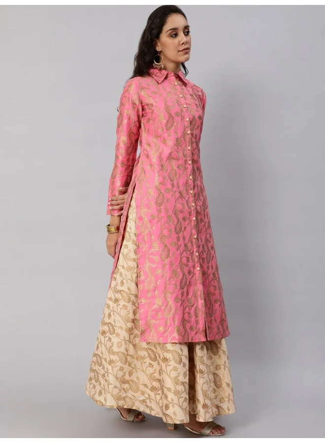 AKS  Pink & Gold Jacquard Zari Work Straight Kurta for Women | Best Price UAE