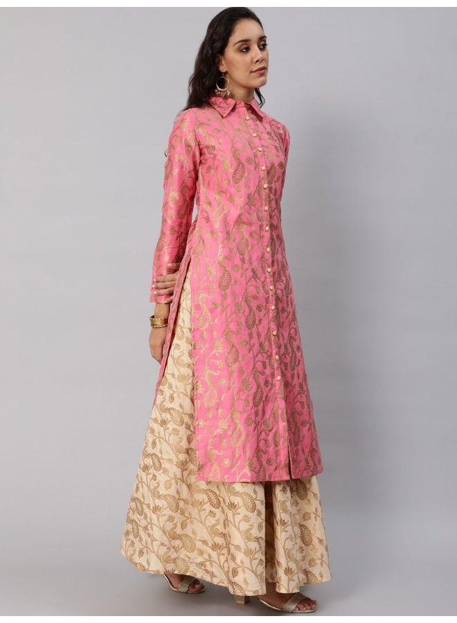 AKS Pink & Gold Jacquard Zari Work Straight Kurta - Image 3
