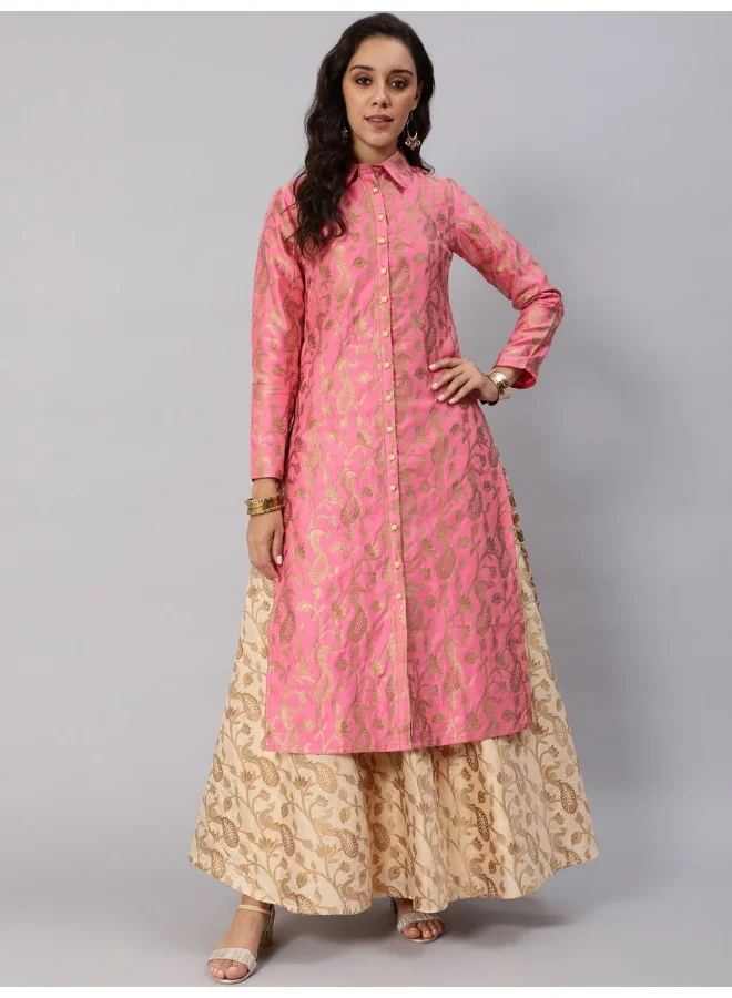 AKS Pink & Gold Jacquard Zari Work Straight Kurta
