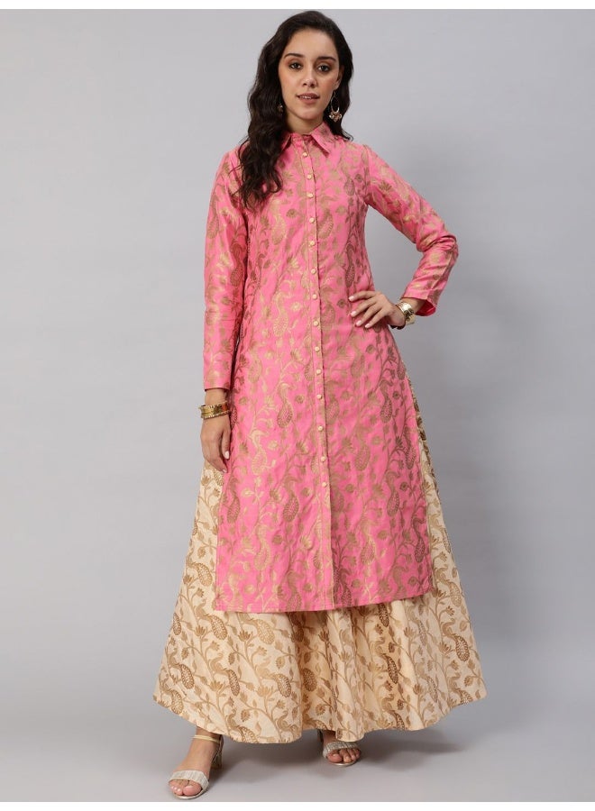 AKS Pink & Gold Jacquard Zari Work Straight Kurta - Image 1