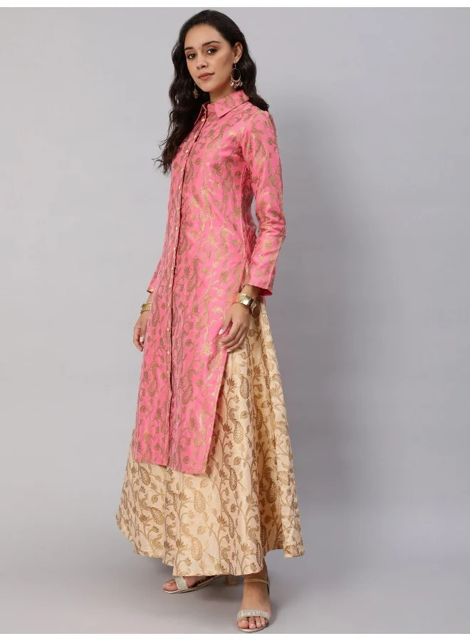 AKS  Pink & Gold Jacquard Zari Work Straight Kurta for Women | Best Price UAE