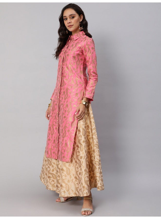 AKS Pink & Gold Jacquard Zari Work Straight Kurta - Image 4