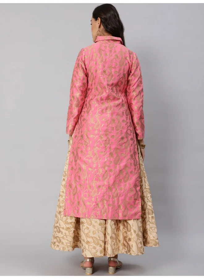 AKS  Pink & Gold Jacquard Zari Work Straight Kurta for Women | Best Price UAE