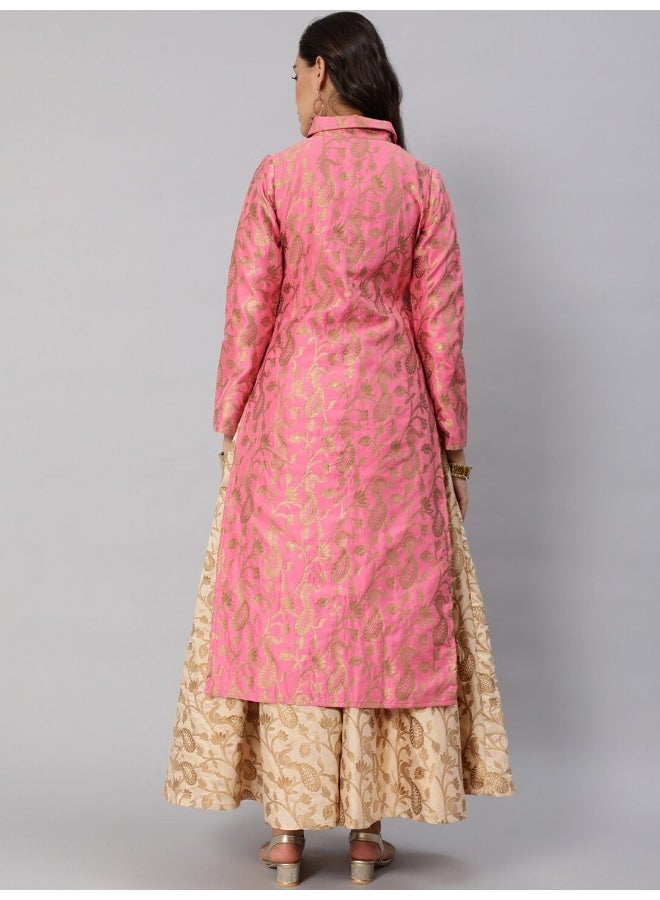 AKS Pink & Gold Jacquard Zari Work Straight Kurta - Image 5