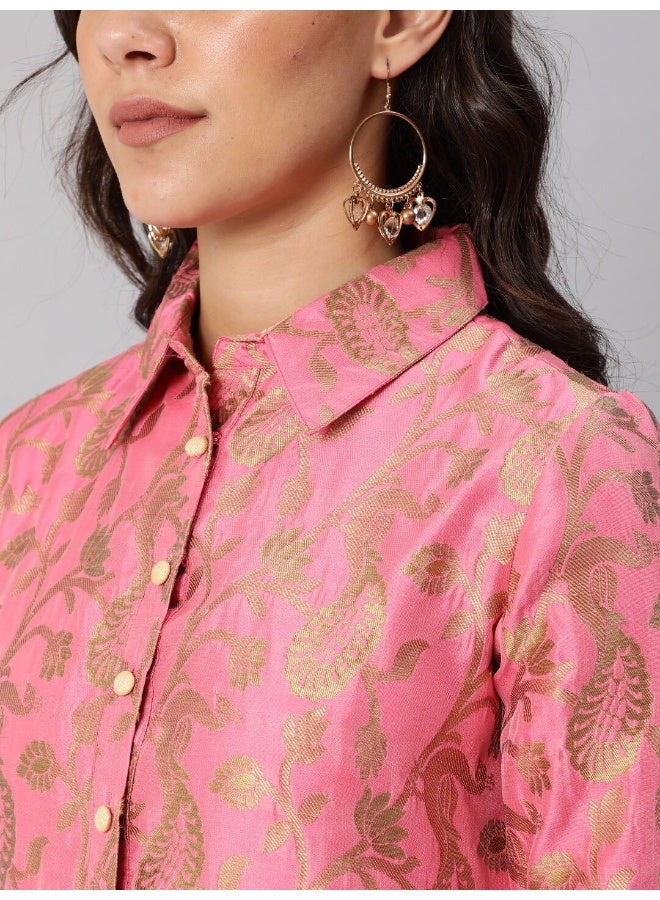 AKS Pink & Gold Jacquard Zari Work Straight Kurta - Image 2
