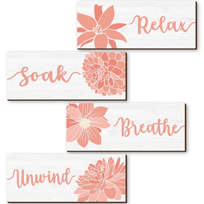 4 PIECES ELEGANT BATHROOM WALL DECOR SIGN CORAL ACCESSORIES RELAX SOAK UNWIND BREATHE WALL ART FARMHOUSE RUSTIC WOOD PLAQUE FOR SPA BEDROOM PINK