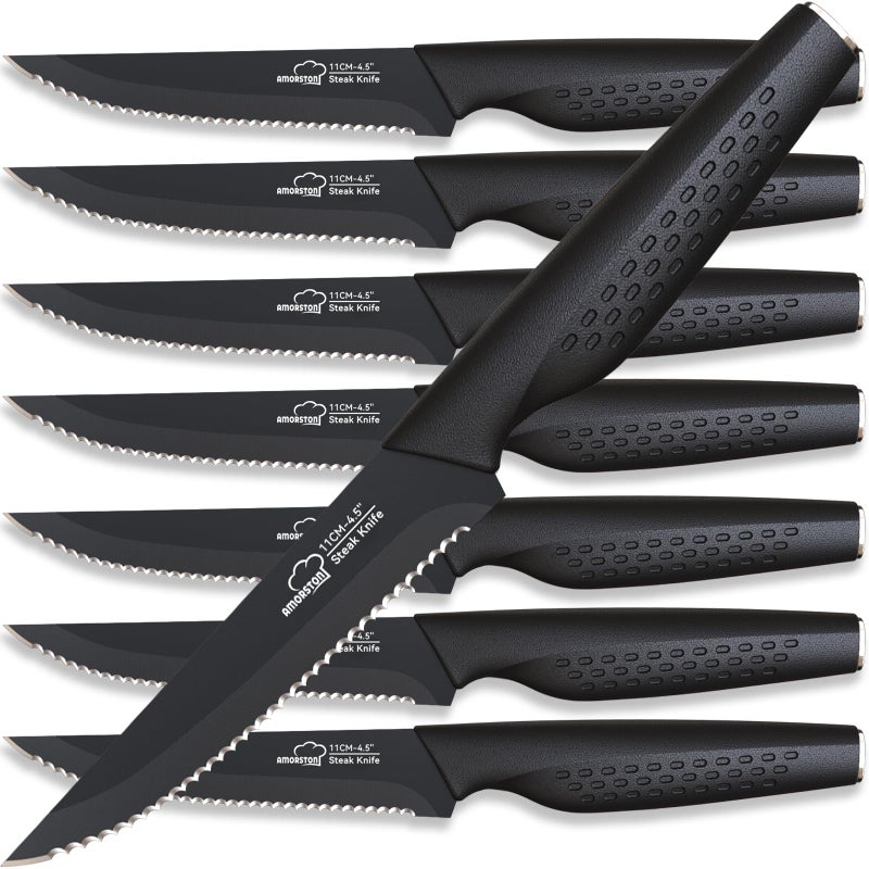 Amorston Amorston Steak Knives, Steak Knives Set of 8, Stainless Steel Steak Knife Set, Serrated Steak Knives Dishwasher Safe, Elegant Black  - Image 1