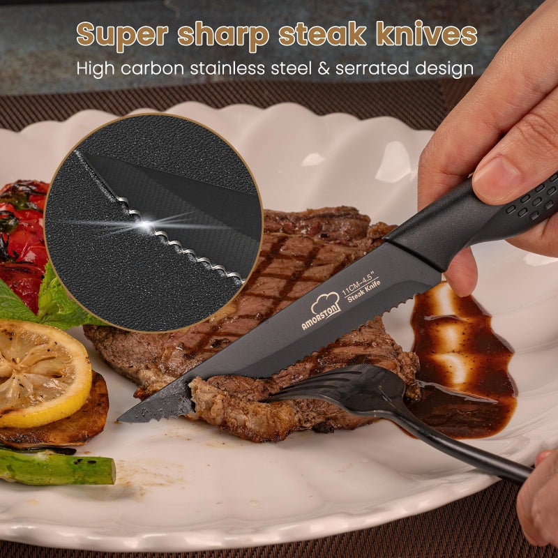 Amorston Amorston Steak Knives, Steak Knives Set of 8, Stainless Steel Steak Knife Set, Serrated Steak Knives Dishwasher Safe, Elegant Black  - Image 2