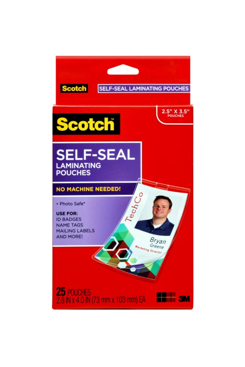Scotch Self-Sealing Laminating Pouches, ID Badge Protectors Includes Clips, 2.25 Inches x 3.5 Inches, 25 Pouches, Great for Gift Tags - Image 1