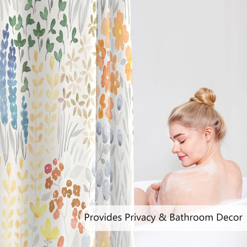 MAYZUS Small Stall Shower Curtain 36 x 72 Inch  Half Narrow Cute Floral Shower Curtain for Bathroom  Orange Wildflower Boho Cottagecore Fabric Shower Curtain Set with Hooks - Image 2