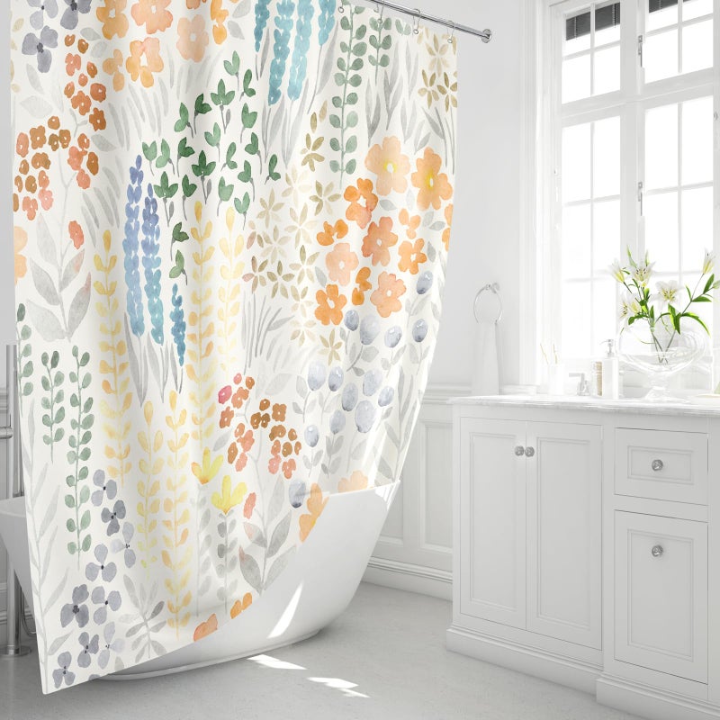 MAYZUS Small Stall Shower Curtain 36 x 72 Inch  Half Narrow Cute Floral Shower Curtain for Bathroom  Orange Wildflower Boho Cottagecore Fabric Shower Curtain Set with Hooks - Image 1