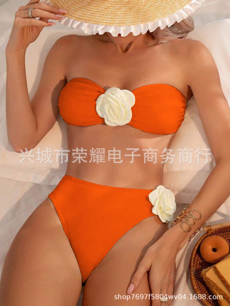 Europe and the United States new foreign trade rose tube top swimsuit solid color split swimsuit bikini bikini cross-border 2024 wholesale orange white