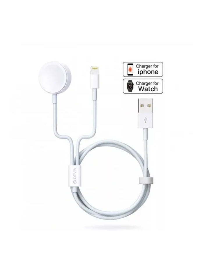 devia 2 in 1 Charging Cable iWatch Smart Series / Fast Charge / ABS+PC Material / 1.2m Cable length / iPhone & Watch Charger - White  - Image 1