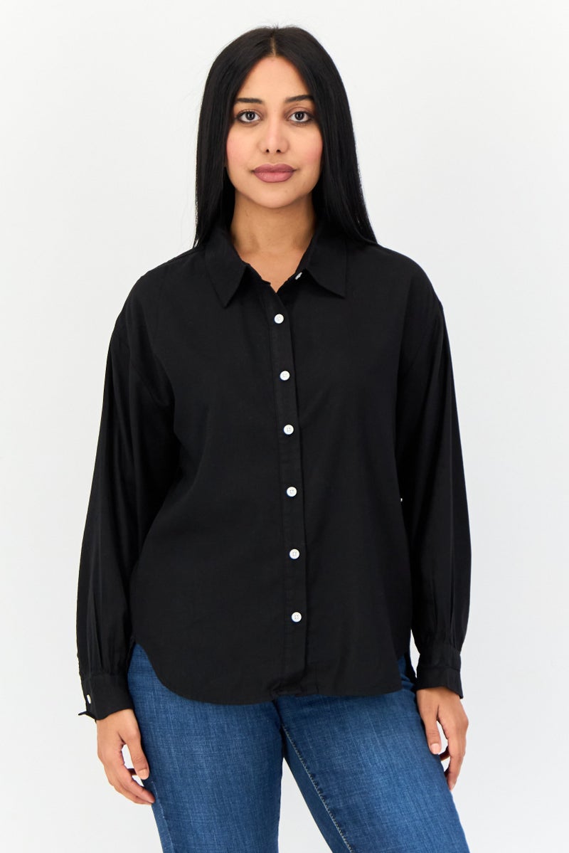 GIORDANO Women Pointed Collar Long Sleeves Solid Shirt, Black - Image 1