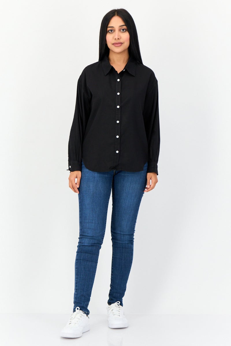 GIORDANO Women Pointed Collar Long Sleeves Solid Shirt, Black - Image 3
