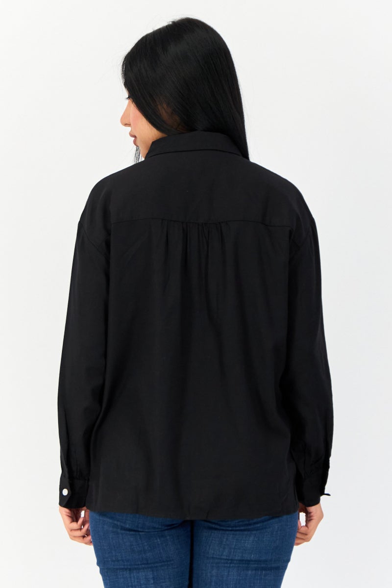GIORDANO Women Pointed Collar Long Sleeves Solid Shirt, Black - Image 4