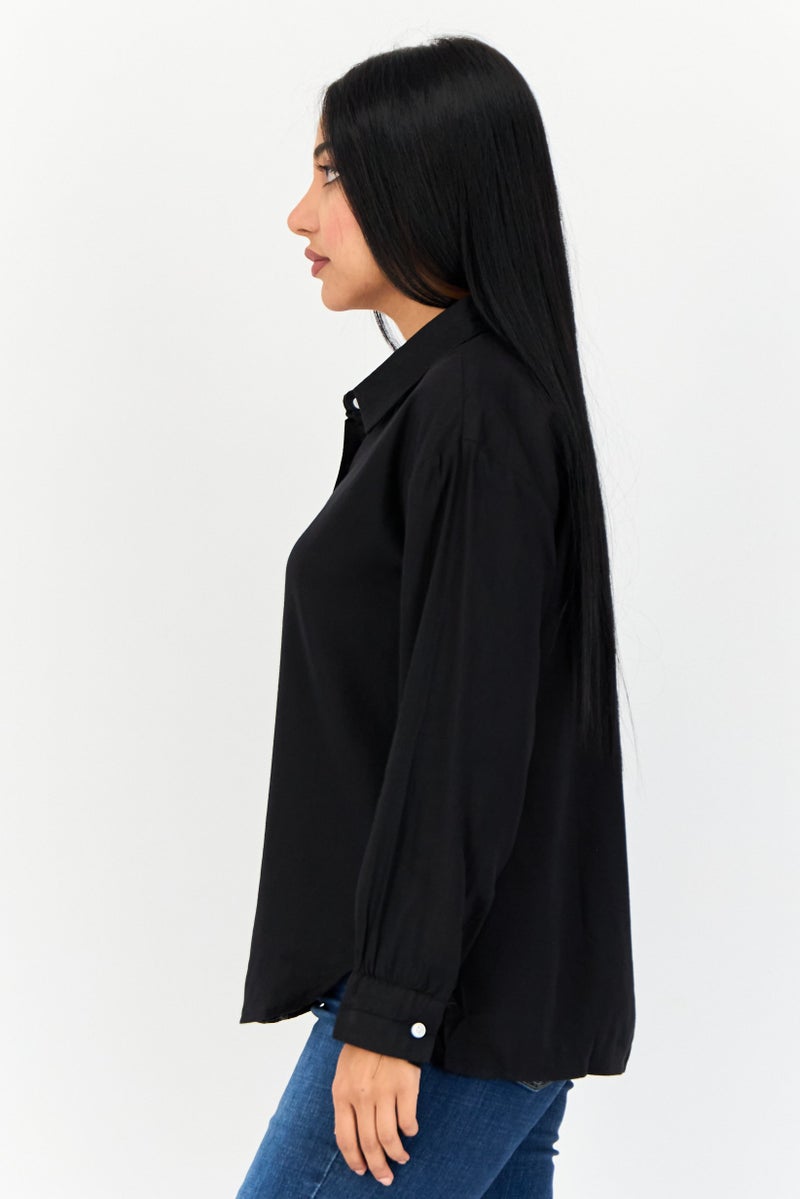 GIORDANO Women Pointed Collar Long Sleeves Solid Shirt, Black - Image 2