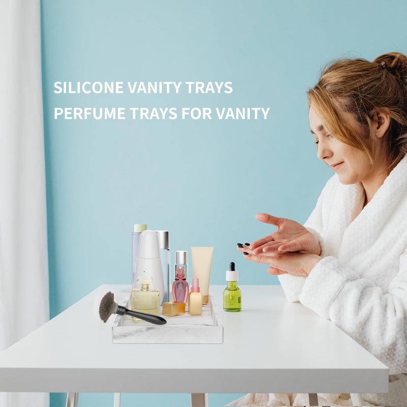 BBK Bathroom Vanity Tray - 2 Pack (7.8" and 11.8") Silicone Bathroom Trays for Counter, Perfume Key Trinket Ring Tray, Decor Soap Dispenser Countertop Tray for Kitchen Sink Organization (Marble Gray) - Image 4