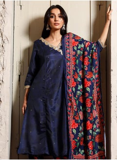  قصة Women's Navy Blue Botanical Block Kurta With Trousers & Dupatta  - Image 5