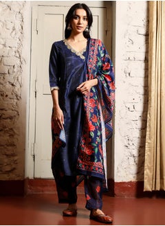  قصة Women's Navy Blue Botanical Block Kurta With Trousers & Dupatta  - Image 2