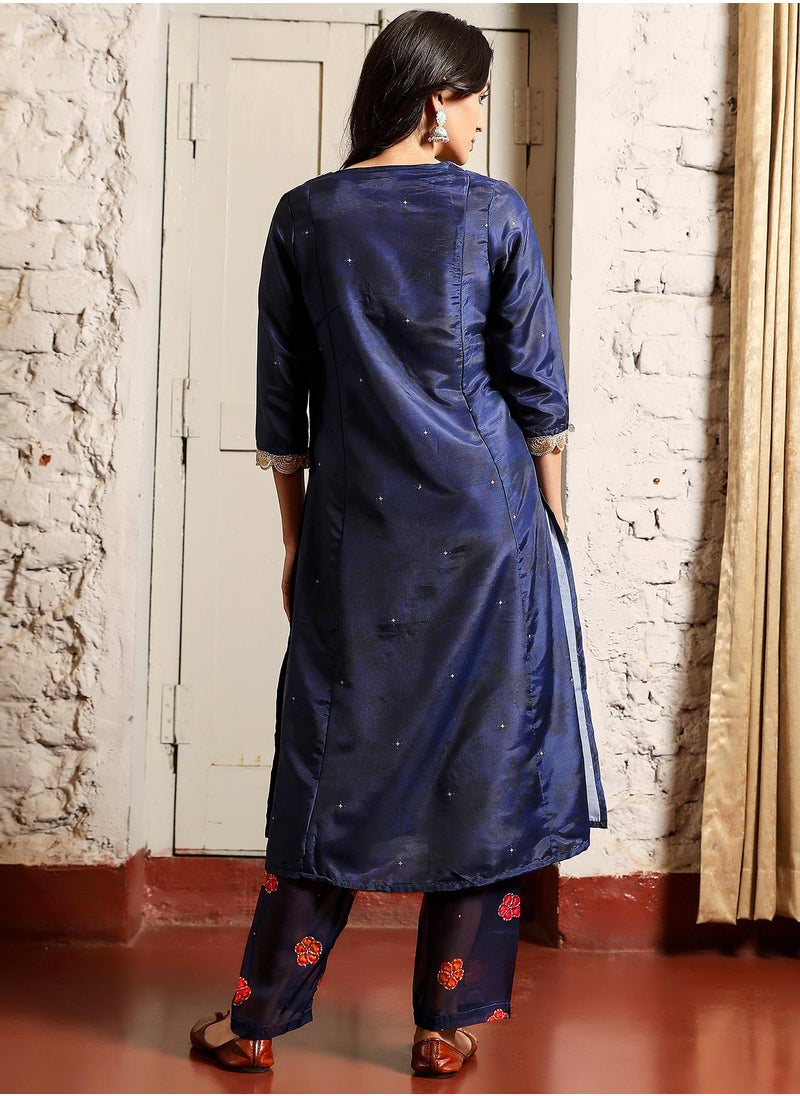  قصة - Women's Navy Blue Botanical Block Kurta With Trousers & Dupatta - Image 1