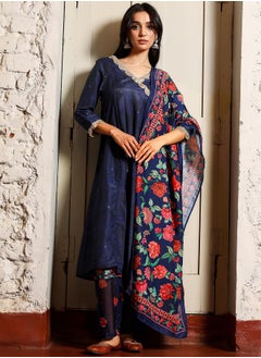  قصة Women's Navy Blue Botanical Block Kurta With Trousers & Dupatta  - Image 1