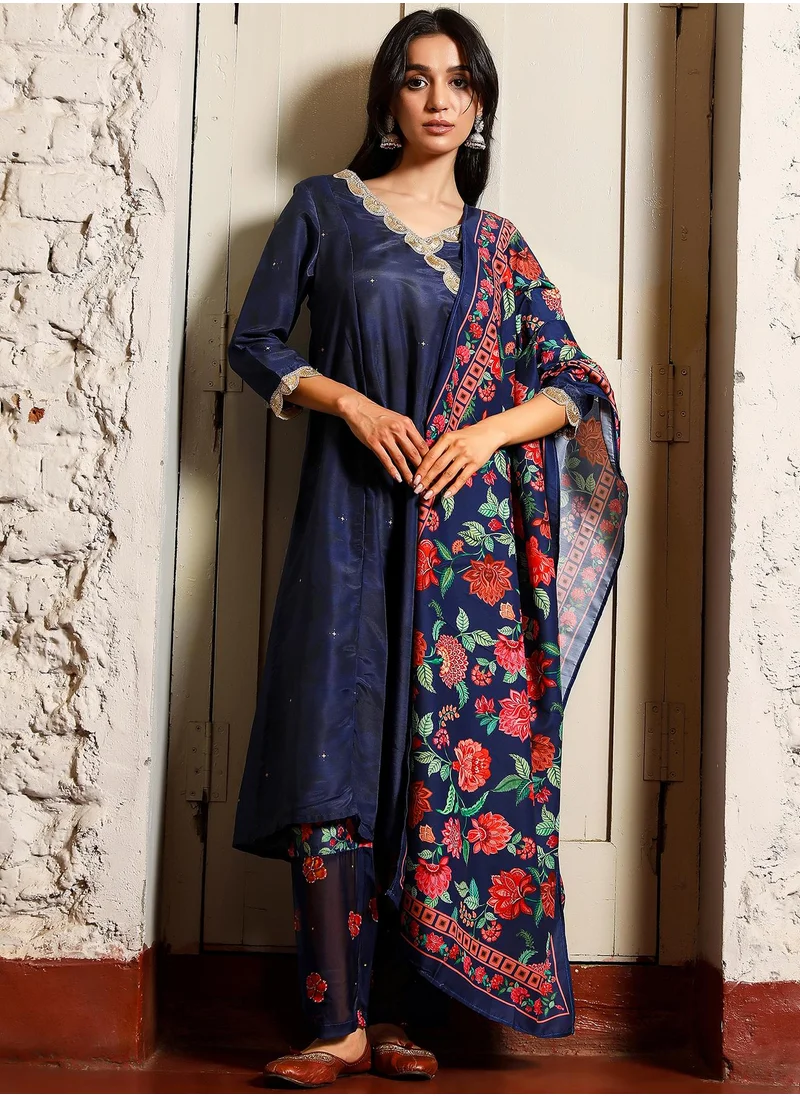 QISSA Women's Navy Blue Botanical Block Kurta With Trousers & Dupatta