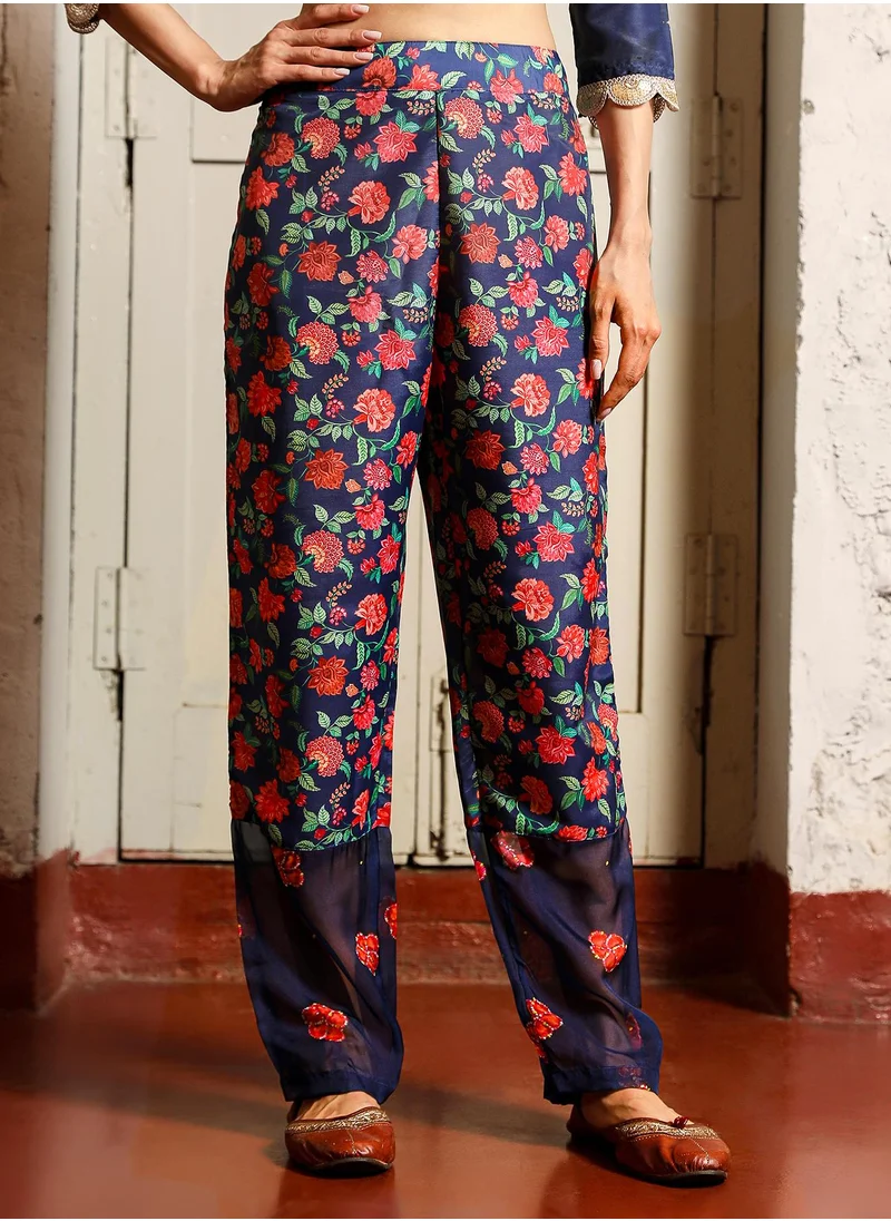 QISSA Women's Navy Blue Botanical Block Kurta With Trousers & Dupatta