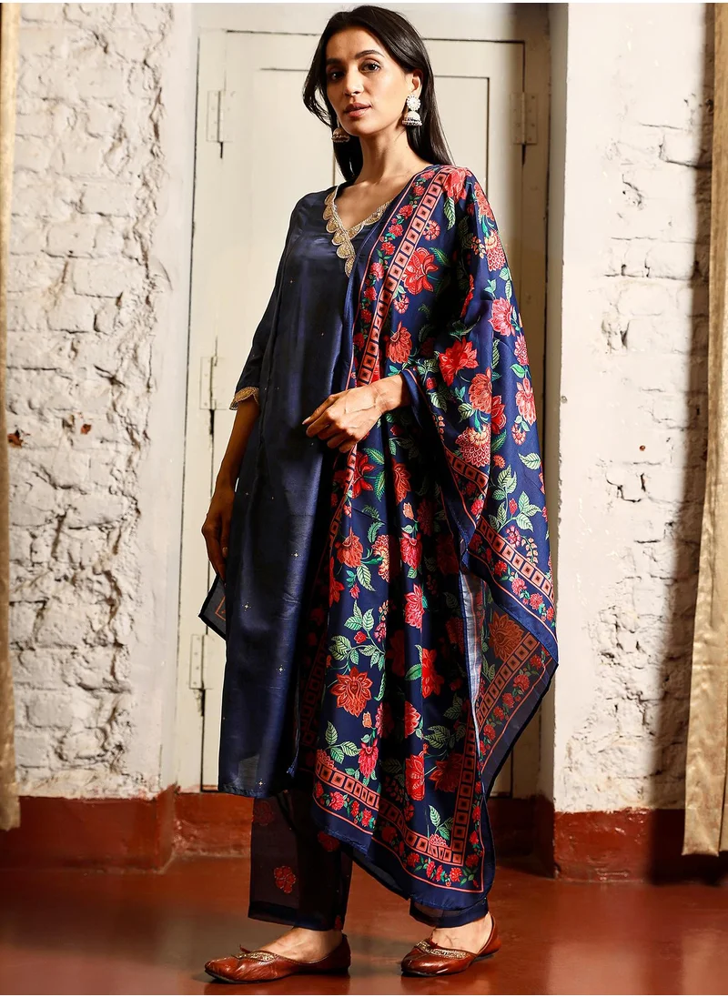 QISSA Women's Navy Blue Botanical Block Kurta With Trousers & Dupatta