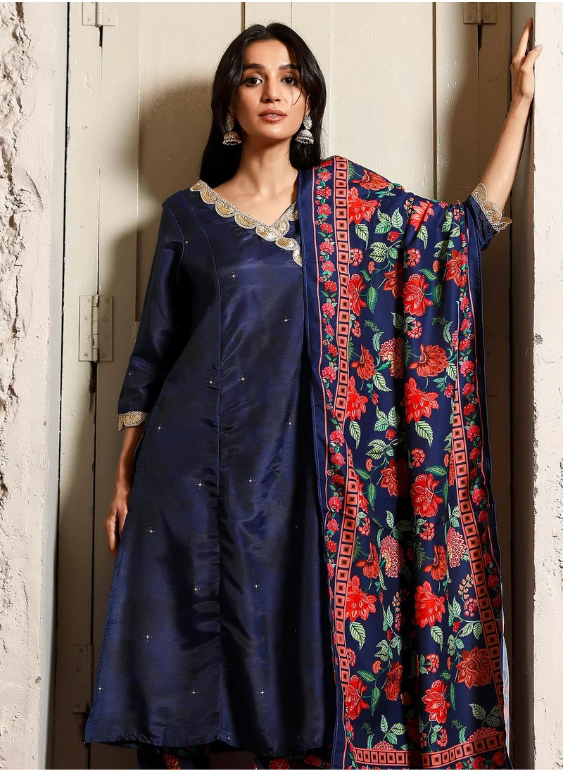 QISSA Women's Navy Blue Botanical Block Kurta With Trousers & Dupatta