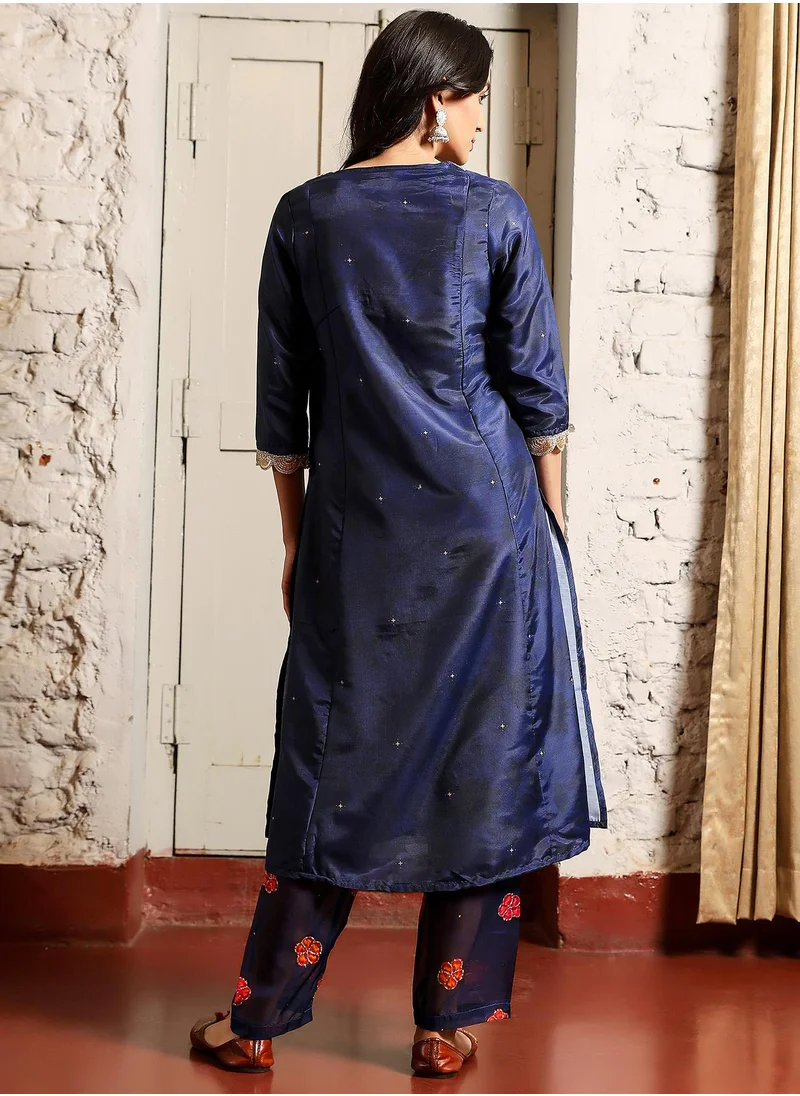 QISSA Women's Navy Blue Botanical Block Kurta With Trousers & Dupatta