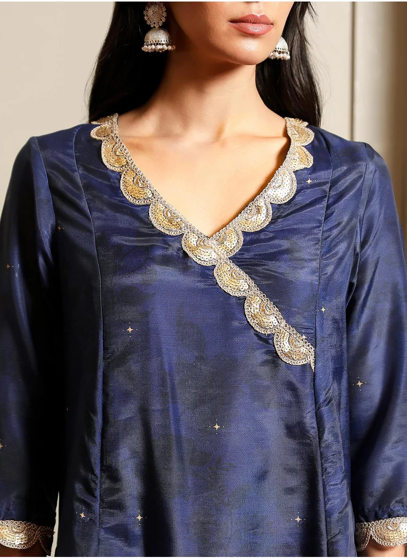 QISSA Women's Navy Blue Botanical Block Kurta With Trousers & Dupatta