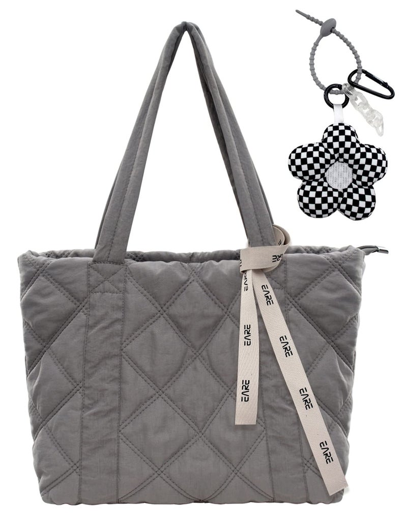 iSamzan Puffer Quilted Tote Bag for Women Puffy Padded Purse with Zipper Work Nylon Soft Purse-Grey - Image 1