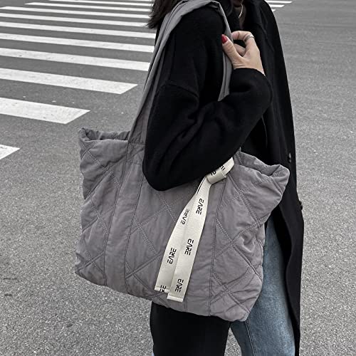 iSamzan Puffer Quilted Tote Bag for Women Puffy Padded Purse with Zipper Work Nylon Soft Purse-Grey - Image 5