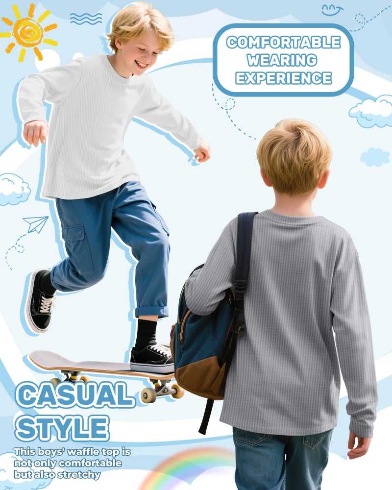 LessonZoo 3 Pack Boys Waffle Long Sleeve T-Shirts 5-14 Years Kids Thermal Crew Neck Tops Youth Fall Warm Shirts Basic Tees(Gray, White, Black,7-8 Years) - Image 2