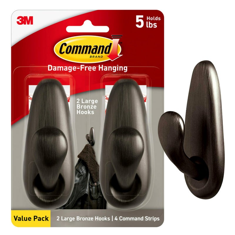 Command 5 lb Large Oil Rubbed Bronze Metal Hooks, 2 Coat Hooks and 4 Strips, Damage-Free Hanging with Adhesive, Forever Classic Great for Hanging Home and Room Decor - Image 1