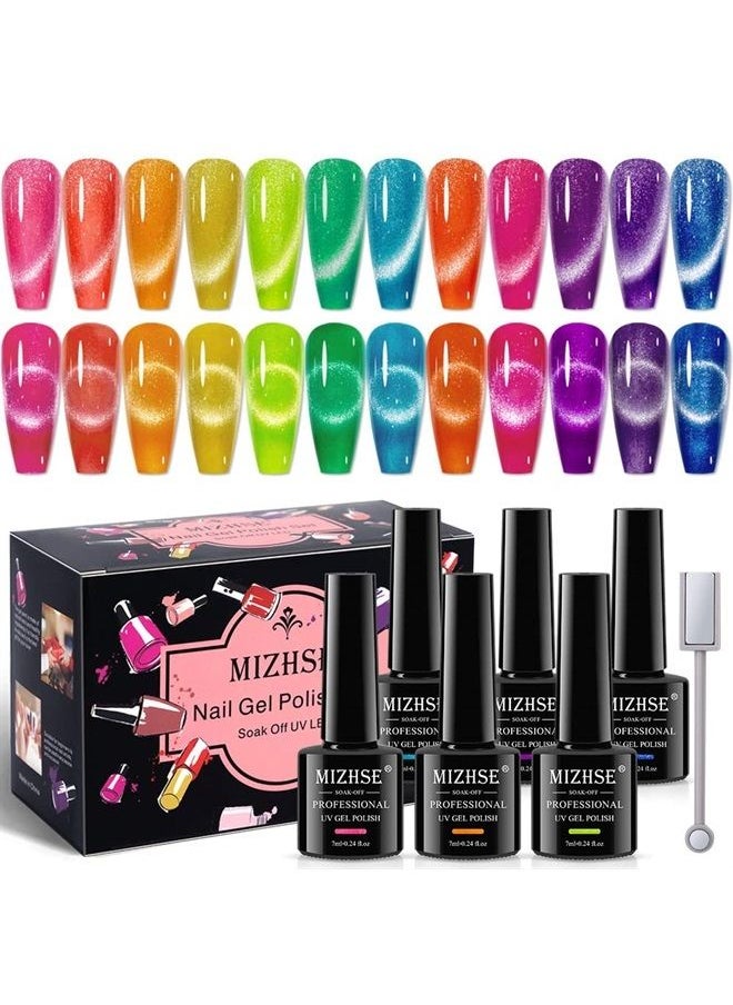 MIZHSE - Neon Cat Eye Gel Nail Polish Set 12Pcs, Cateye Blue Green Purple Soak Off Gel Polish Magnetic Manicure Kit for Nail Art Salon 7ml - Image 1
