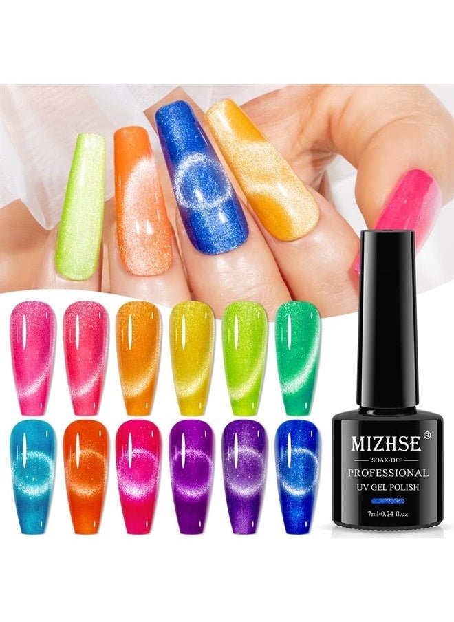 MIZHSE - Neon Cat Eye Gel Nail Polish Set 12Pcs, Cateye Blue Green Purple Soak Off Gel Polish Magnetic Manicure Kit for Nail Art Salon 7ml - Image 1