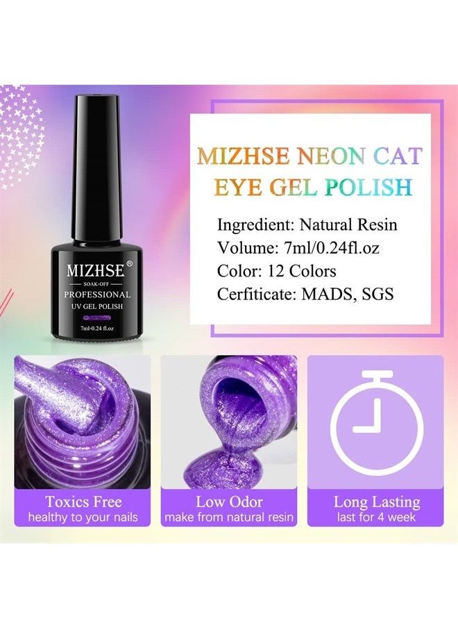 MIZHSE - Neon Cat Eye Gel Nail Polish Set 12Pcs, Cateye Blue Green Purple Soak Off Gel Polish Magnetic Manicure Kit for Nail Art Salon 7ml - Image 1